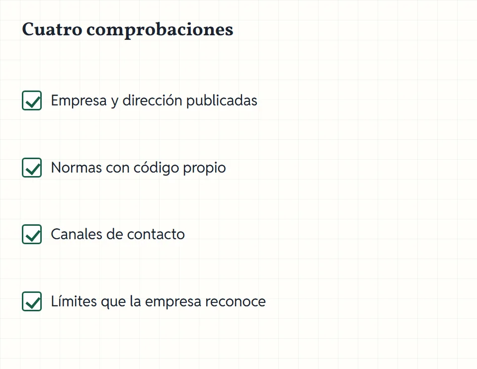 Cuatro casillas de comprobación: empresa y dirección, normas con código, canales de contacto, límites que la empresa reconoce.