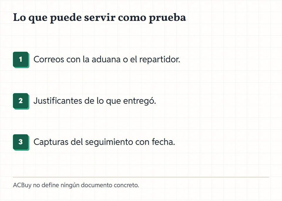 Carpeta con tres documentos: correo a la aduana, justificante de entrega de documentos, captura de seguimiento con fecha.