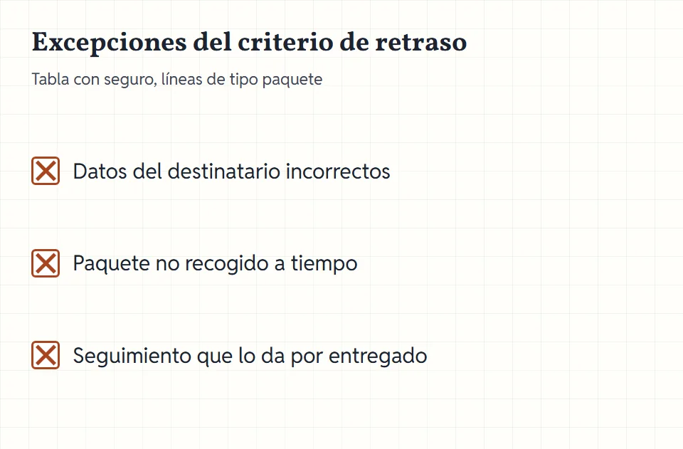 Tres casillas de exclusión: datos del destinatario incorrectos, paquete no recogido a tiempo, seguimiento que lo da por entregado.
