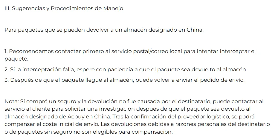 Recorte del artículo International-Return en español: nota sobre seguro, investigación y compensación del coste inicial de envío para paquetes que vuelven a China.