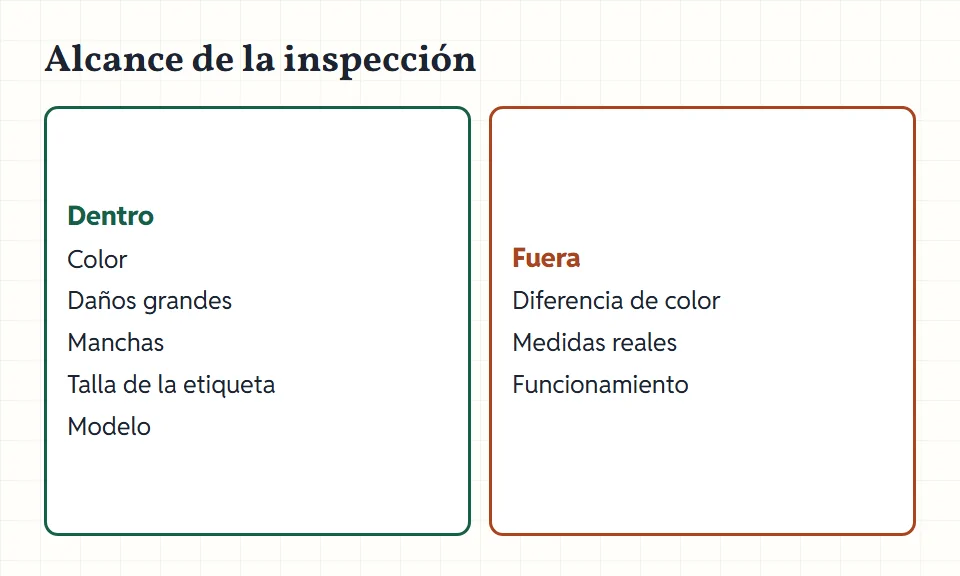 Lista de dos columnas: dentro de la inspección (color, daños grandes, manchas, talla de etiqueta, modelo) y fuera (diferencia de color, medidas reales, funcionamiento).