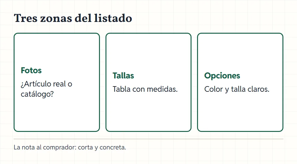 Esquema de un listado con tres zonas señaladas: fotos del artículo real, tabla de tallas con medidas y opciones de color y talla.