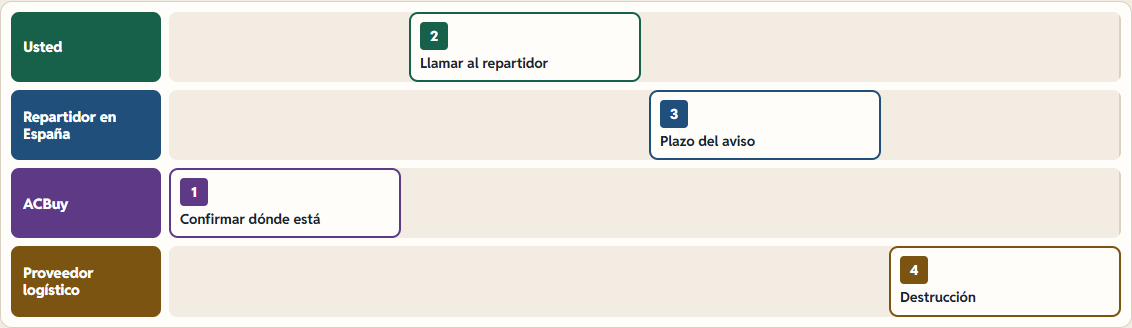 Orden de acciones para incidencia aduanera, sin repartidor visible, línea DPD y aviso de destrucción