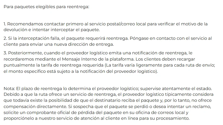 Recorte del artículo International-Return en español: apartado III con los pasos para paquetes que vuelven a China y para paquetes con reenvío.