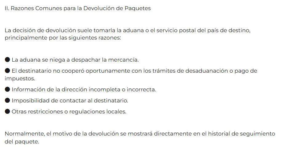 Recorte del artículo International-Return en español: apartado II con las cinco razones comunes en viñetas.