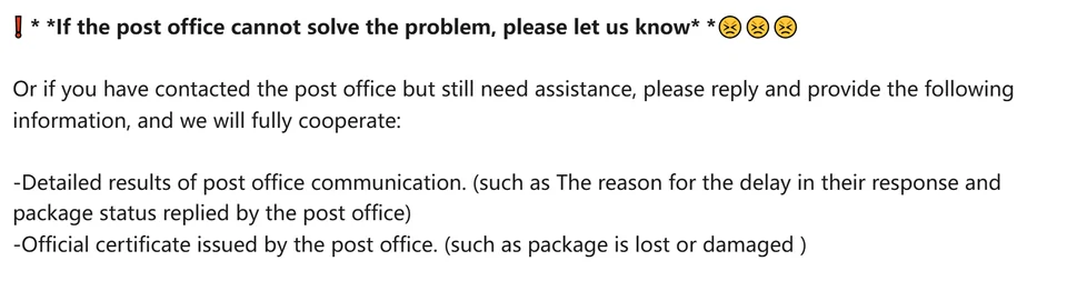 Recorte del artículo de ayuda de ACBuy «How to contact the local post office»: apartado sobre qué hacer si la oficina de correos no resuelve el problema.