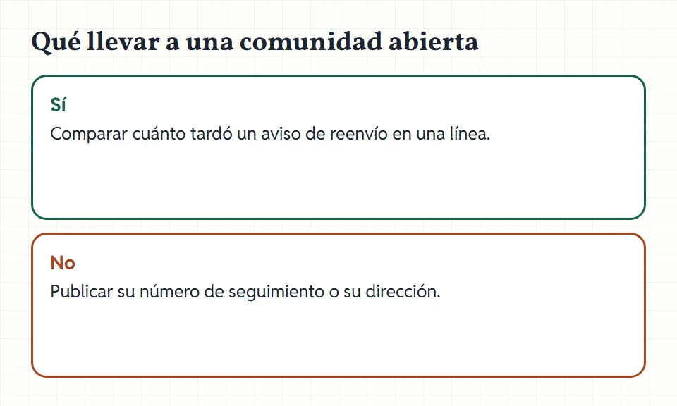 Dos burbujas de conversación: comparar experiencias, sí; publicar número de seguimiento o dirección, no.