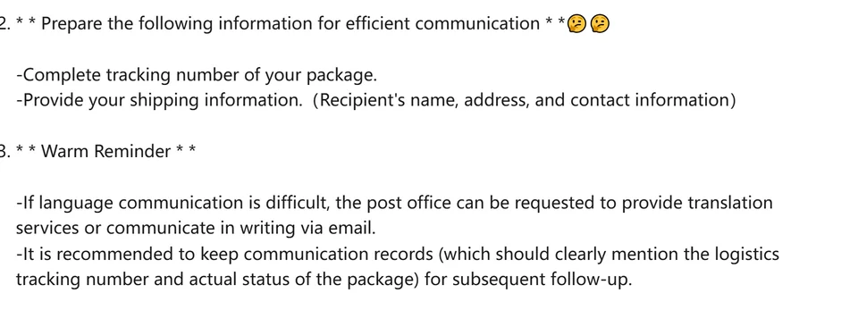 Recorte del artículo de ayuda de ACBuy «How to contact the local post office»: lista de información a preparar para comunicarse con la oficina.