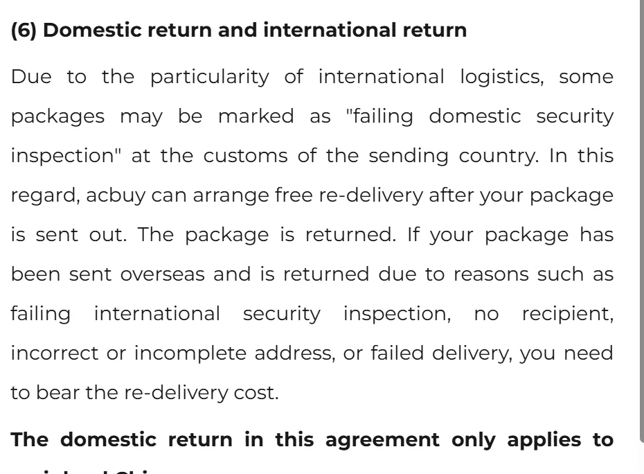Recorte del acuerdo de registro de ACBuy en inglés: apartado (6) sobre retorno nacional e internacional y coste del reenvío.
