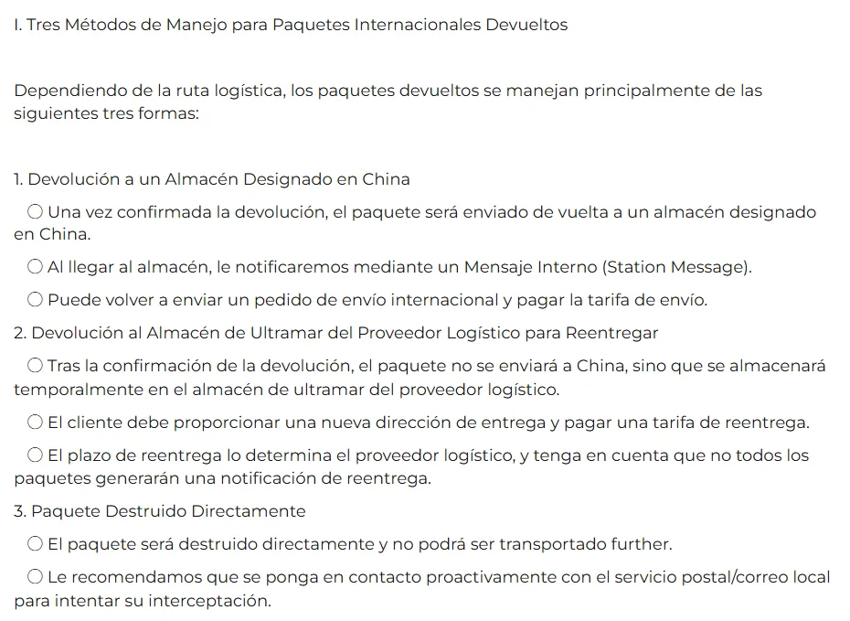 Recorte del artículo International-Return en español: apartado I con los tres métodos de manejo y sus viñetas.
