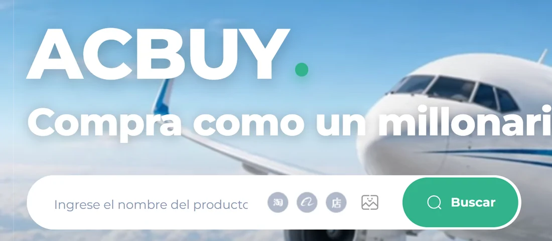 Recorte de la portada de ACBuy en español: barra de búsqueda con los iconos de Taobao, 1688 y Weidian y el botón de búsqueda por imagen.