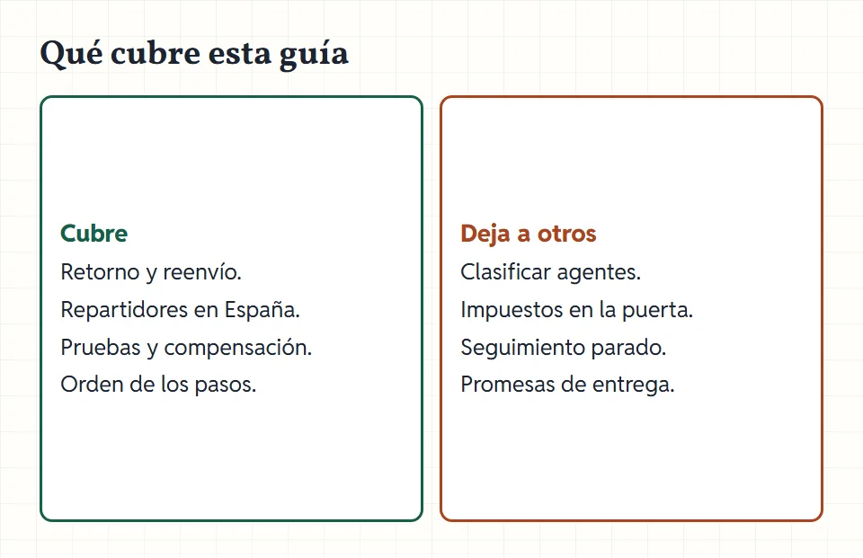 Dos columnas: a la izquierda lo que esta guía cubre (retorno, reenvío, repartidores en España, pruebas), a la derecha lo que deja fuera (rankings, impuestos, seguimiento parado).