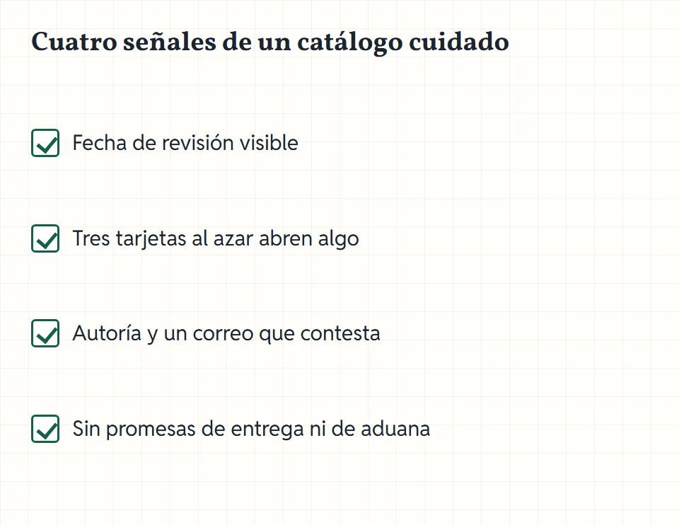 Lista de comprobación con cuatro casillas: fecha de revisión, enlaces que funcionan, autoría con correo, lenguaje sin promesas de entrega.